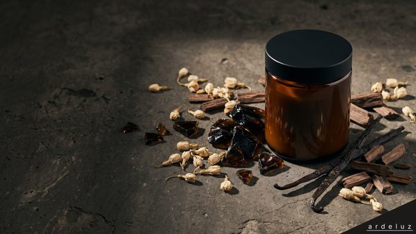 ardeluz BRASA candle in amber glass jar with caramel, jasmine flowers, and sandalwood chips arranged on dark concrete