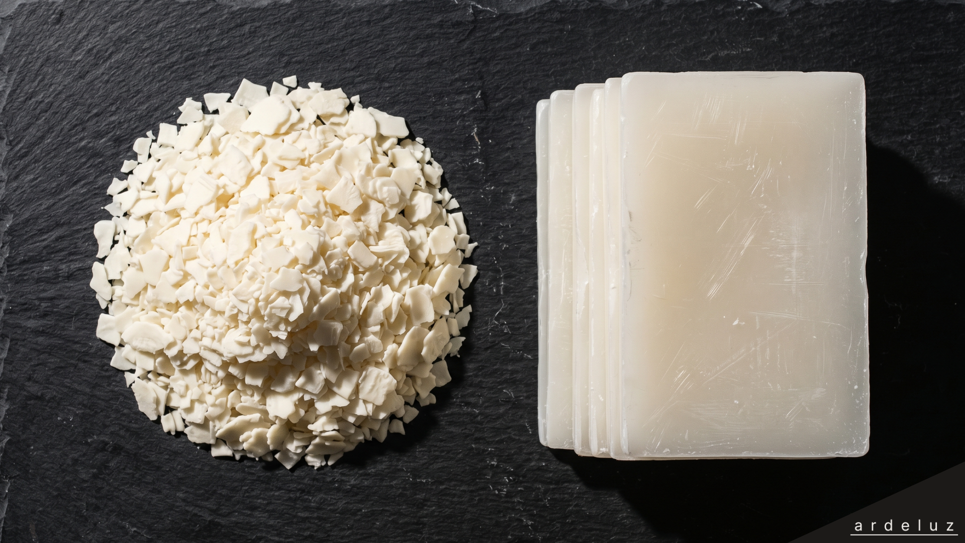 Side-by-side comparison of soy wax flakes and paraffin pellets on a dark concrete surface
