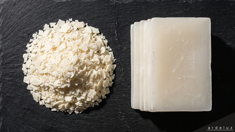 Side-by-side comparison of soy wax flakes and paraffin pellets on a dark concrete surface