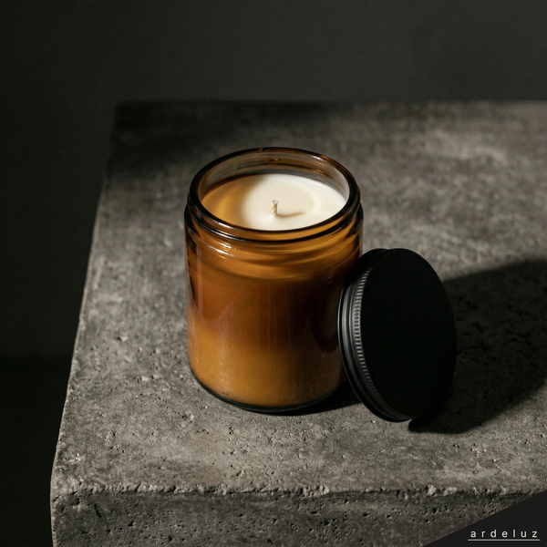 ardeluz BRASA candle with lid removed showing smooth soy wax surface